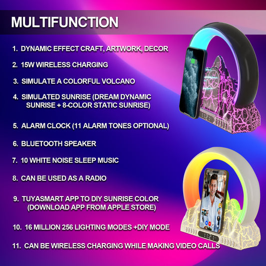 Colorful Flame Mountain Wecker Mit Kabelloses Laden Und Stimmungslicht