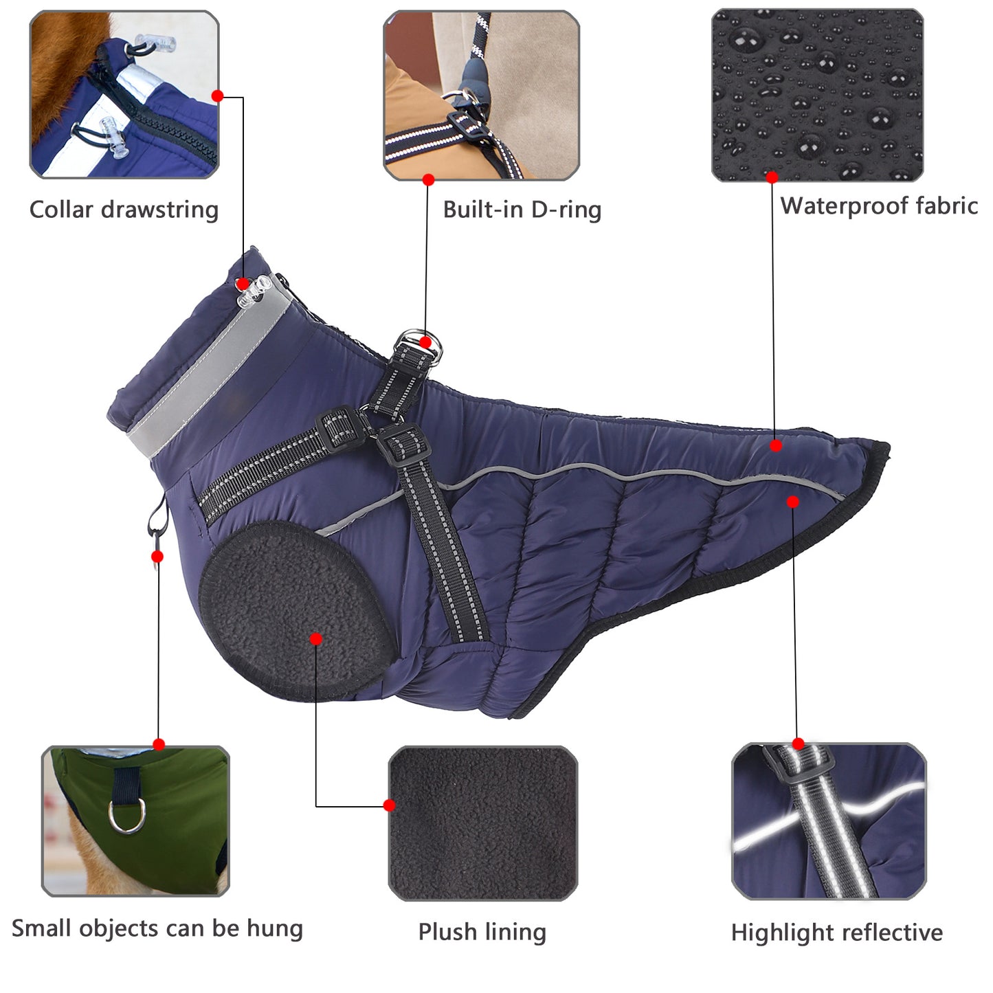 PfotenPlus Warme Reflektierende Traction Coat Plus Fleece Hundejacke