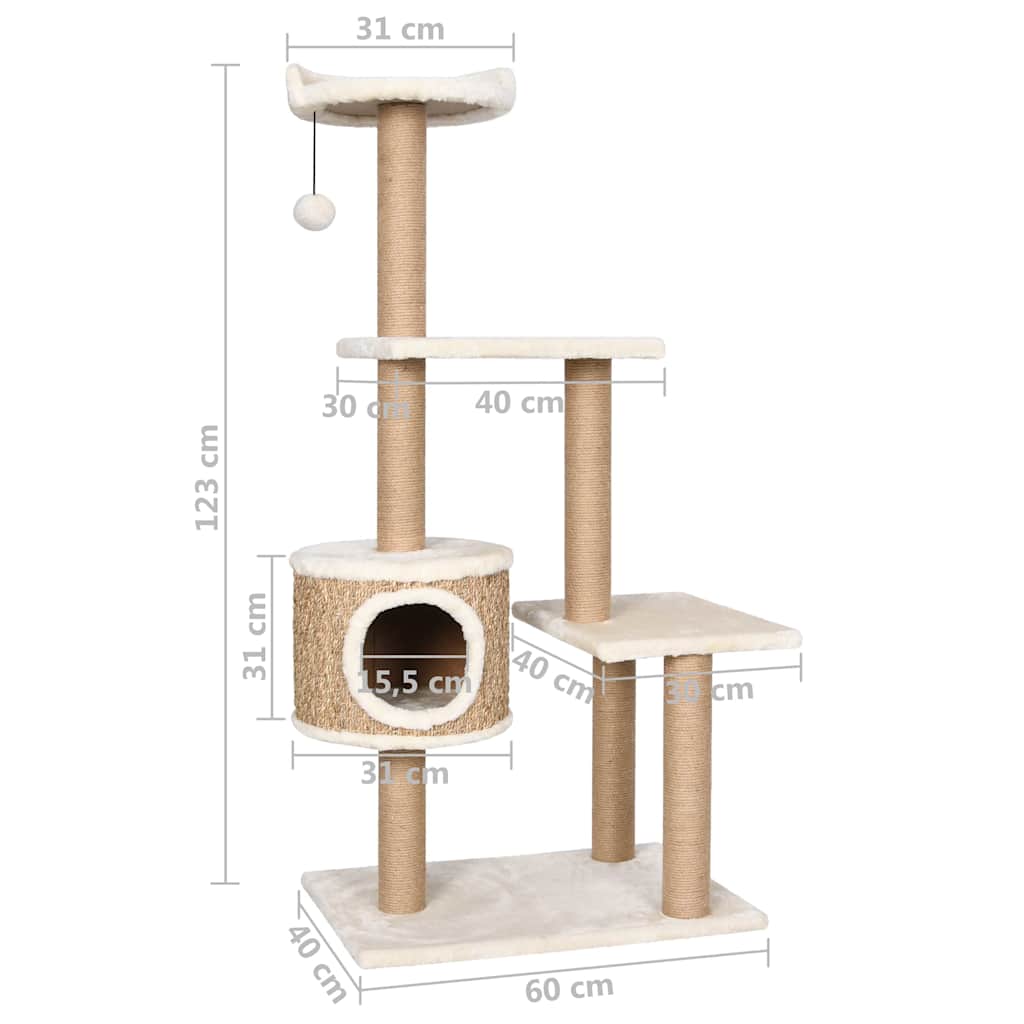 Katzen Kratzbaum 123 cm Seegras Mit Mehrstufigem Spielzentrum - Hobbyfy