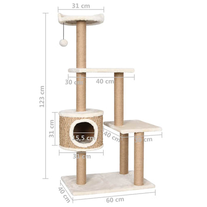 Katzen Kratzbaum 123 cm Seegras Mit Mehrstufigem Spielzentrum - Hobbyfy