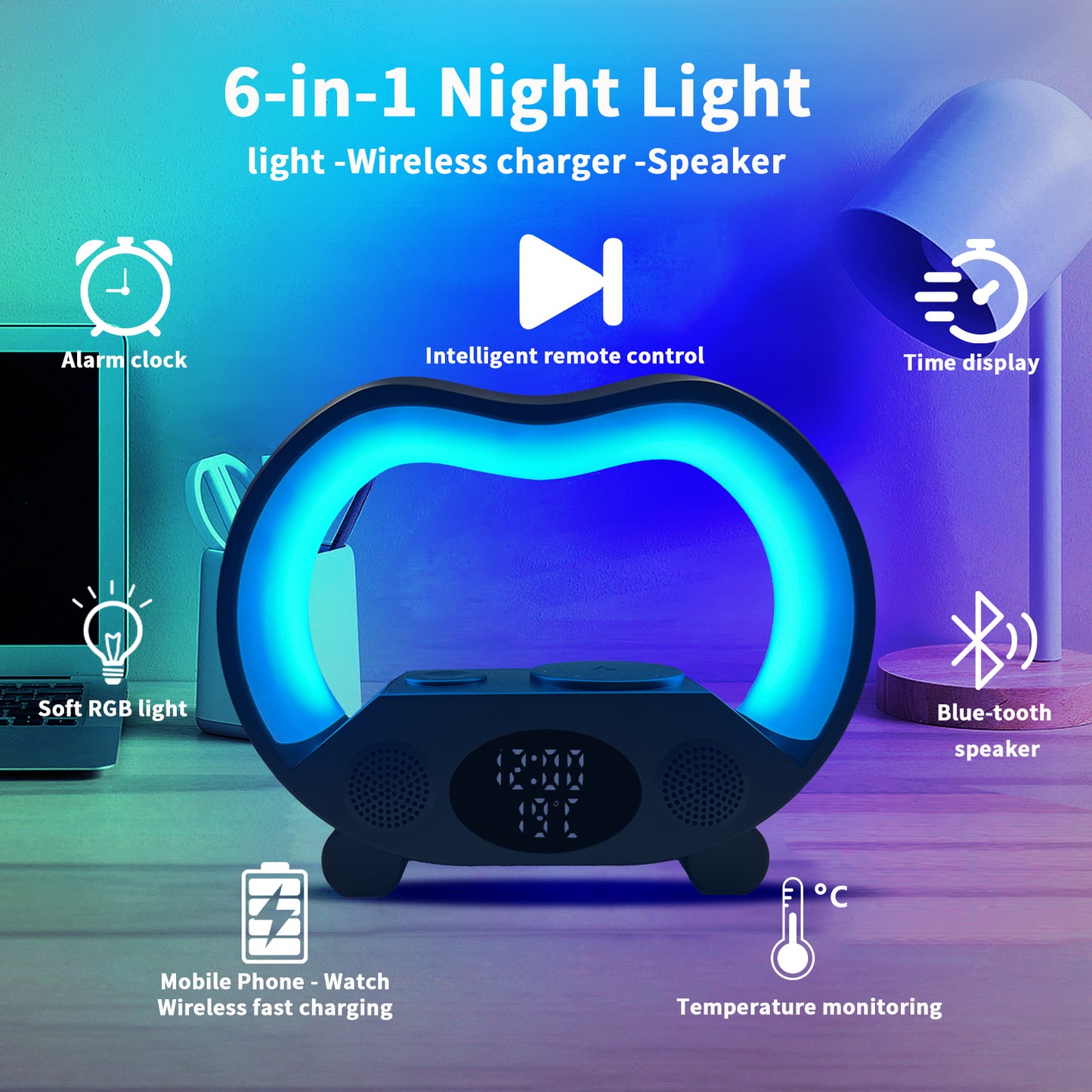 6 In 1 LED Tischleuchte Mit Bluetooth Lautsprecher Und Kabelloses Laden - Hobbyfy