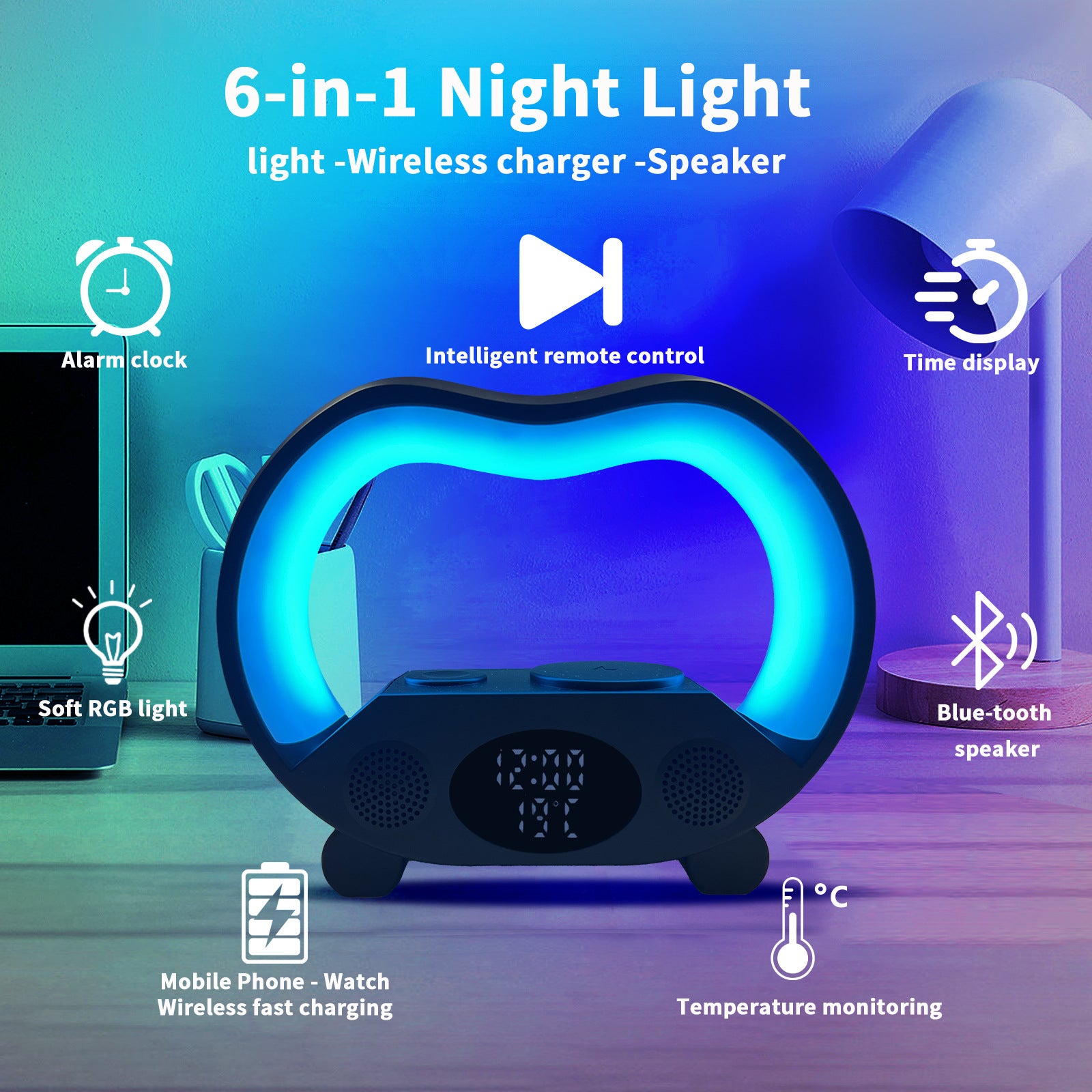 6 In 1 LED Tischleuchte Mit Bluetooth Lautsprecher Und Kabelloses Laden - Hobbyfy