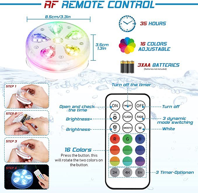 AquaLux RGB LED Unterwasser Licht Mit Fernbedienung Saugnapf Magnet - Hobbyfy